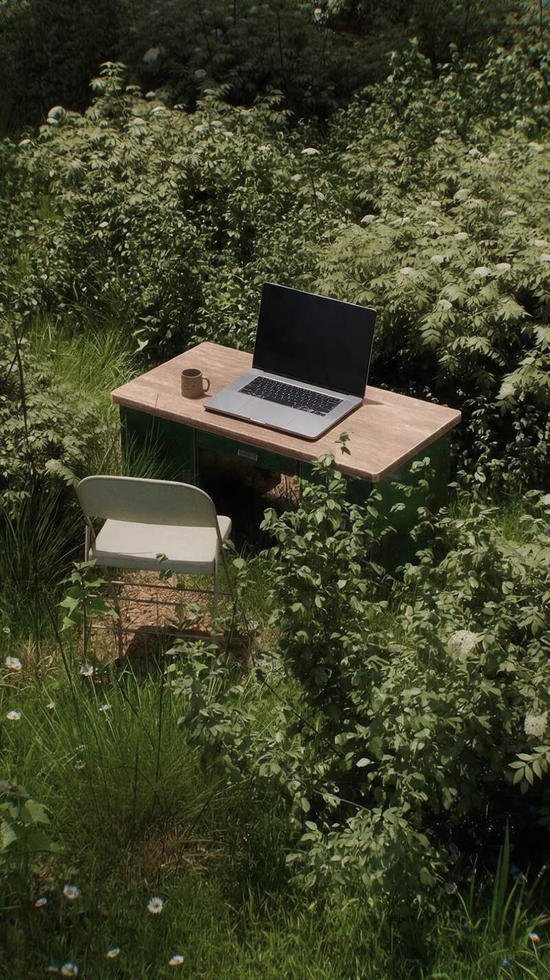A laptop on an overgrown desk